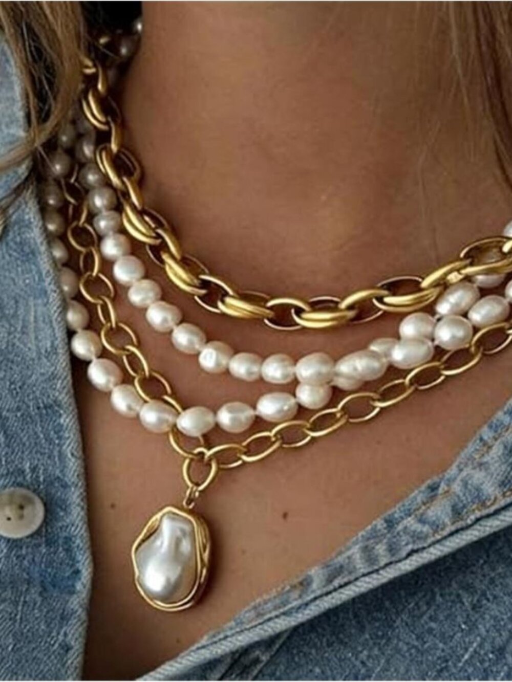 Gold Tone Layered Necklace Baroque Pearl Pendant Stackable Chain Jewelry